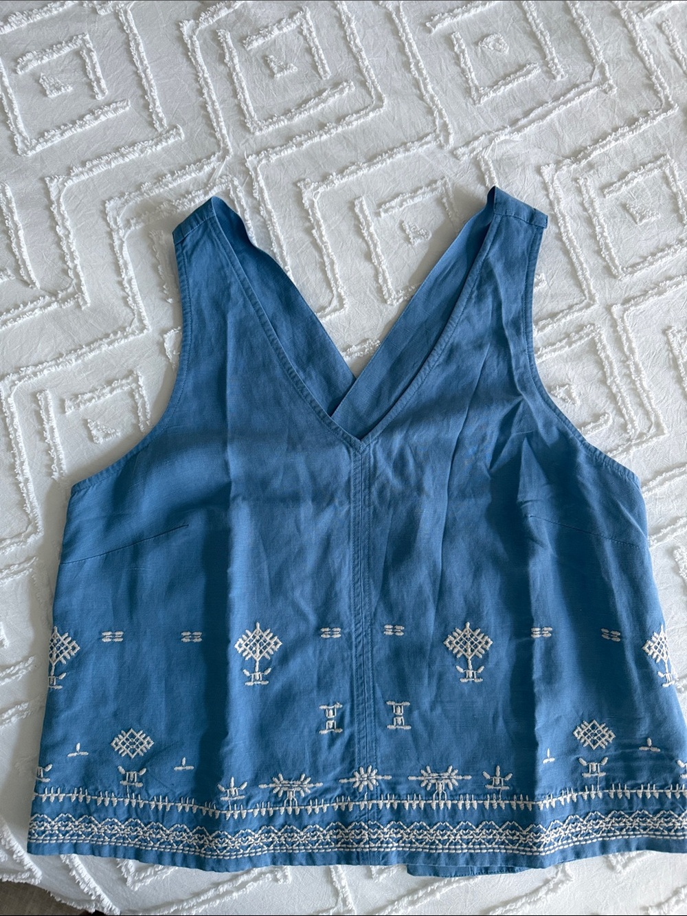 Banana Republic Blue Embroidered Tencel Linen V-Neck Cross Back Tank  Sz L NWT